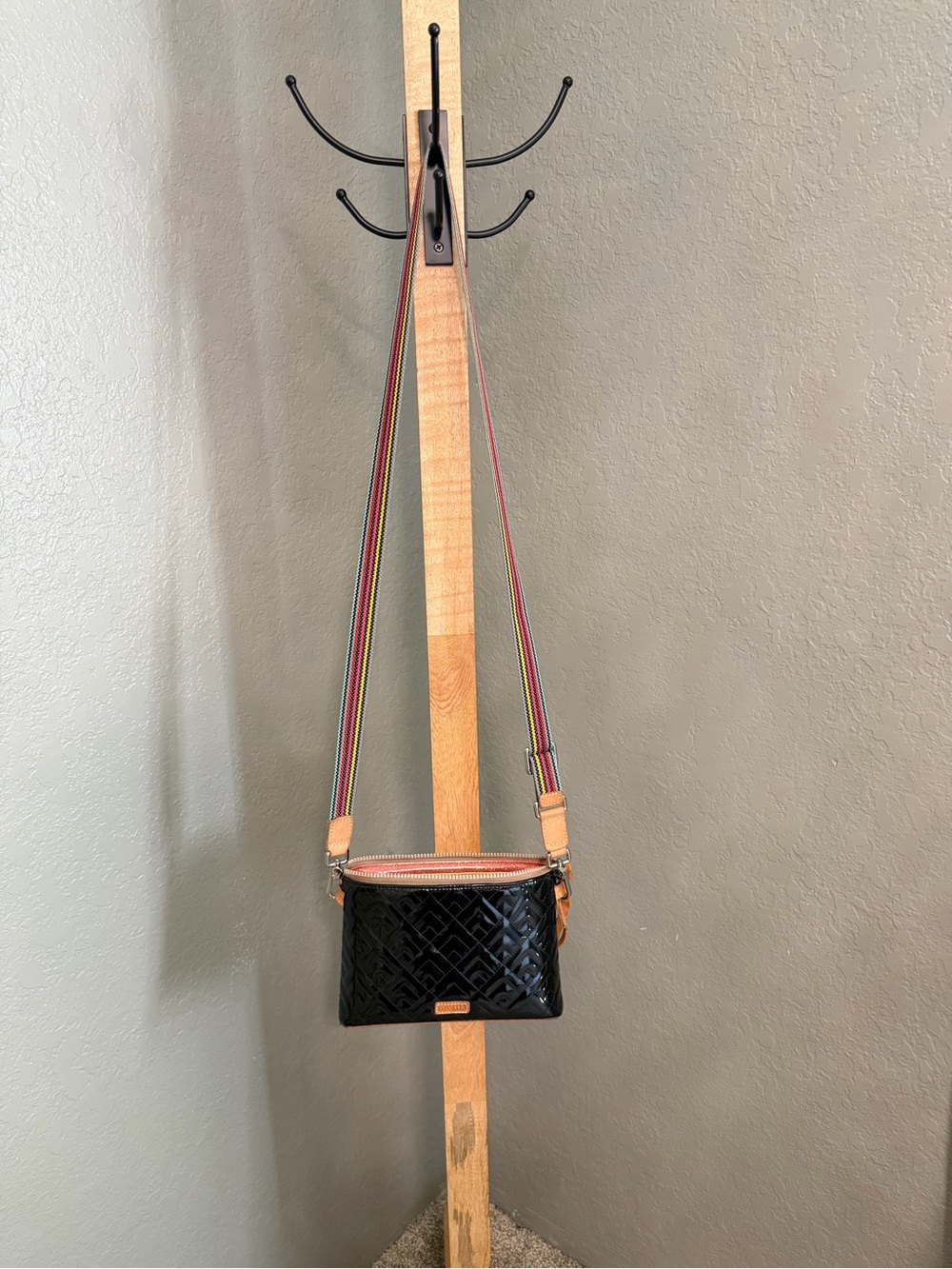 CONSUELA Black Crossbody Bag with Multicolor Strap